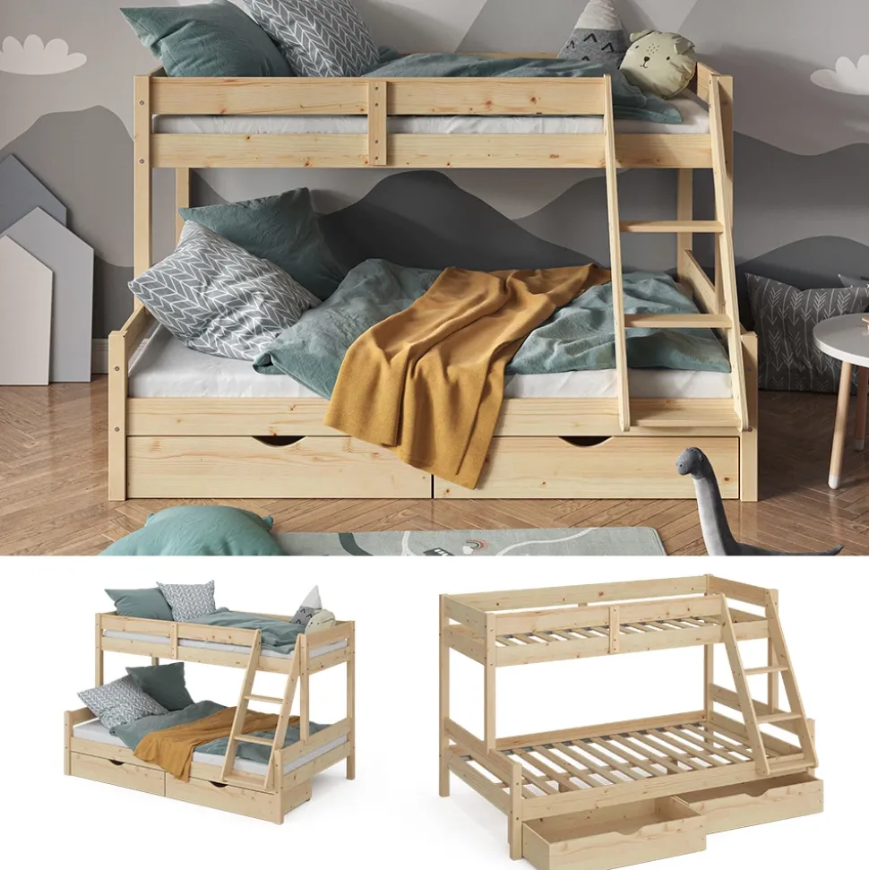 Etagenbett Everest Naturholz 120x200 / 80x200 cm mit Schubladen Vitalispa