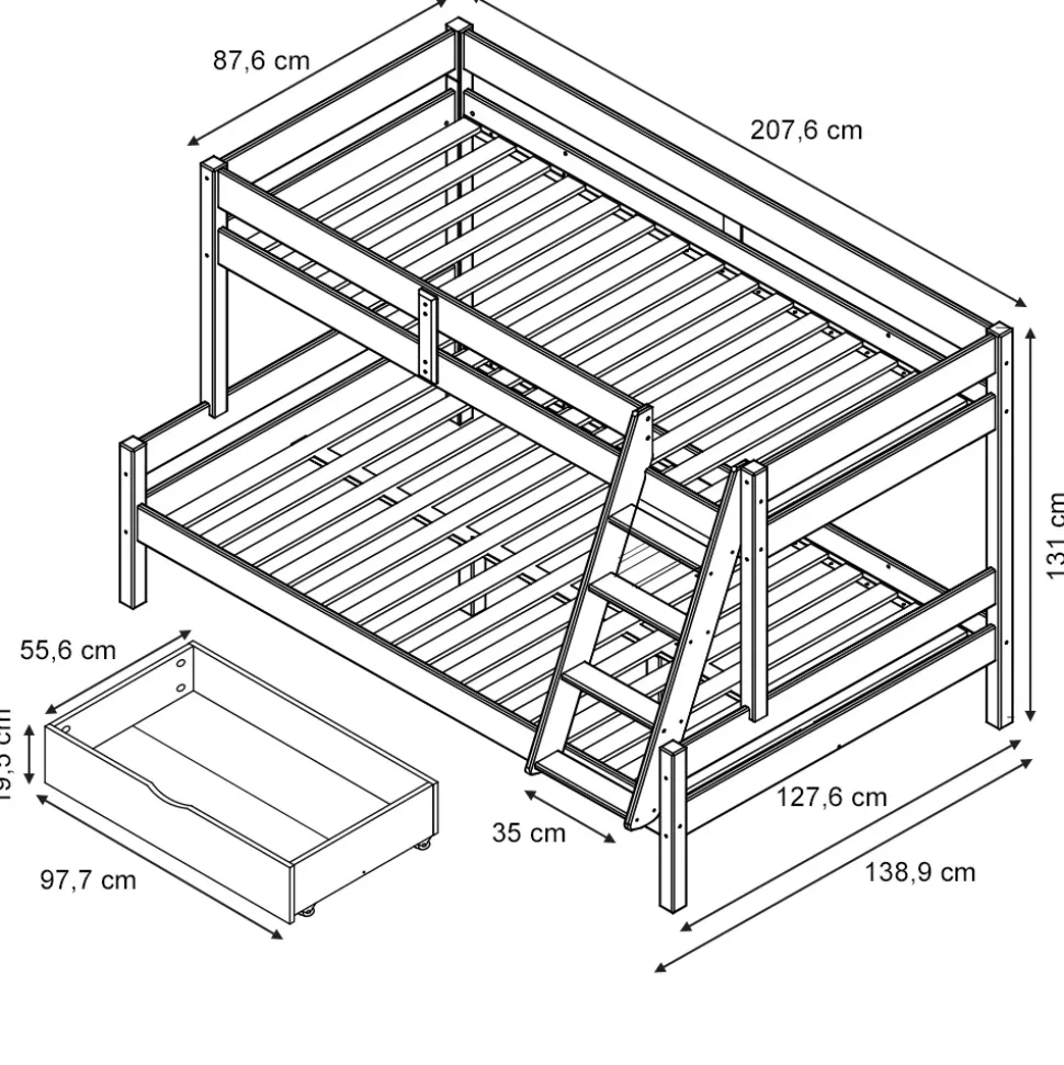 Etagenbett Everest Naturholz 120x200 / 80x200 cm mit Schubladen Vitalispa