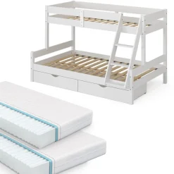 Etagenbett Everest Weiß 120x200 / 80x200 cm mit 2 Matratzen und 2 Schubkästen Vitalispa