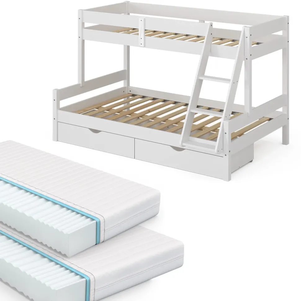 Etagenbett Everest Weiß 120x200 / 80x200 cm mit 2 Matratzen und 2 Schubkästen Vitalispa