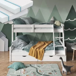 Etagenbett Everest Weiß 120x200 / 80x200 cm mit 2 Matratzen und 2 Schubkästen Vitalispa