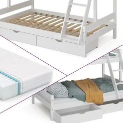Etagenbett Everest Weiß 120x200 / 80x200 cm mit 2 Matratzen und 2 Schubkästen Vitalispa