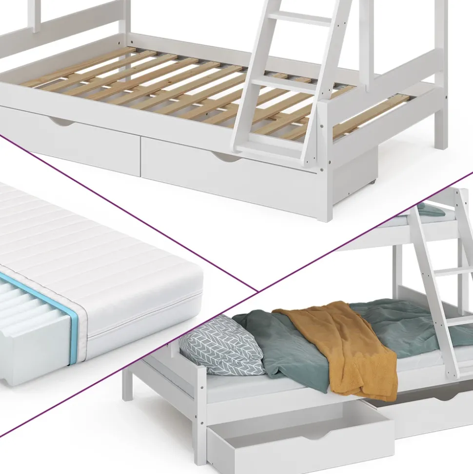 Etagenbett Everest Weiß 120x200 / 80x200 cm mit 2 Matratzen und 2 Schubkästen Vitalispa