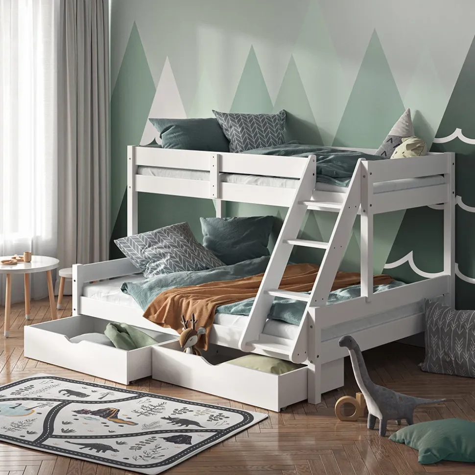 Etagenbett Everest Weiß 140x200 / 90x200 cm mit Schubladen Vitalispa