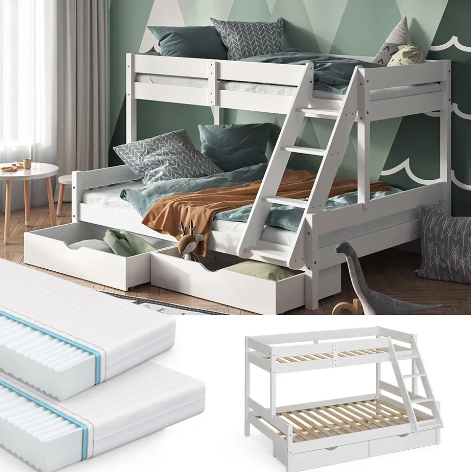 Etagenbett Everest Weiß 140x200 / 90x200 cm mit 2 Matratzen und 2 Schubkästen Vitalispa