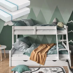 Etagenbett Everest Weiß 140x200 / 90x200 cm mit 2 Matratzen und 2 Schubkästen Vitalispa