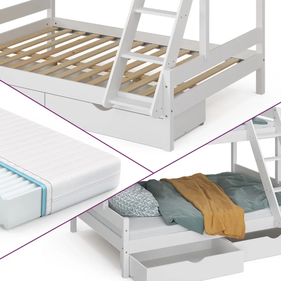 Etagenbett Everest Weiß 140x200 / 90x200 cm mit 2 Matratzen und 2 Schubkästen Vitalispa
