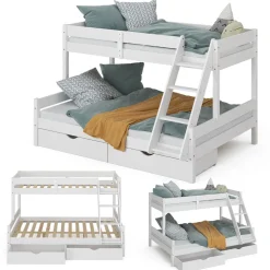 Etagenbett Everest Weiß 140x200 / 90x200 cm mit 2 Matratzen und 2 Schubkästen Vitalispa