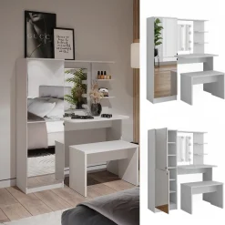 Frisierkommode Jasmin Weiß 123 cm mit LED-Beleuchtung und Bank Vicco