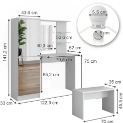 Frisierkommode Jasmin Weiß 123 cm mit LED-Beleuchtung und Bank Vicco