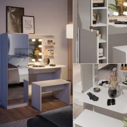 Frisierkommode Jasmin Weiß 123 cm mit LED-Beleuchtung und Bank Vicco