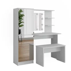 Frisierkommode Jasmin Weiß 123 cm mit LED-Beleuchtung und Bank Vicco