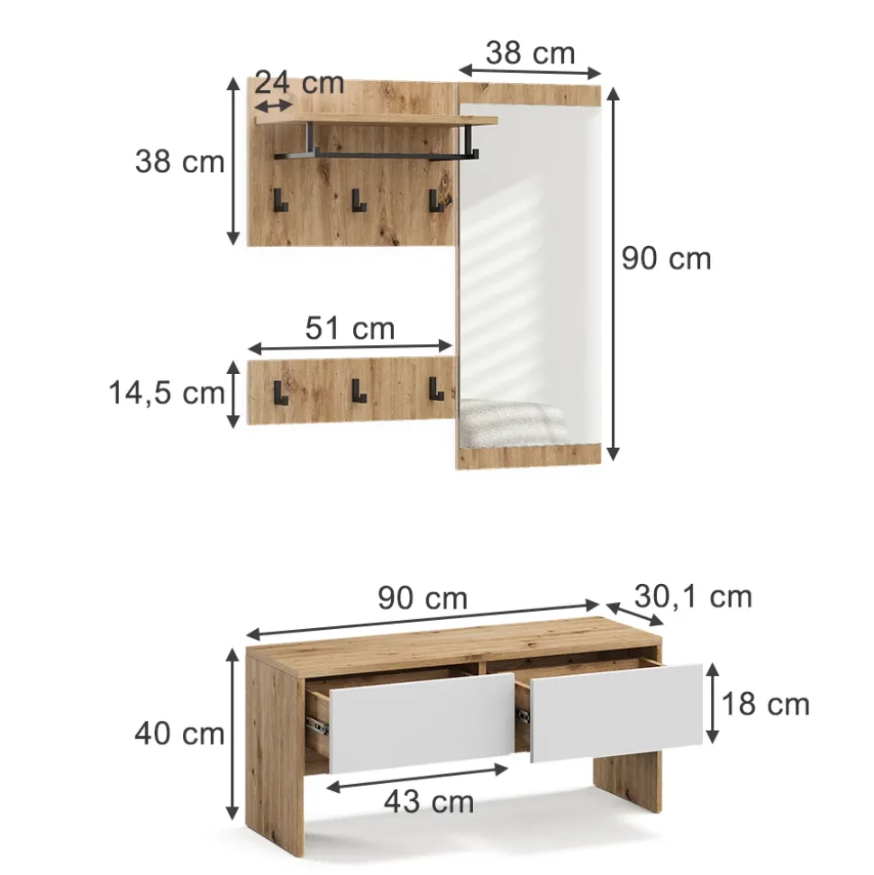 Garderobe Selena Weiß/Artisan 90 x 40 cm 4 Teile Vicco