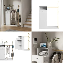 Garderobenschrank Liria Weiß/Bambus 100 x 145 cm mit Schublade Vicco