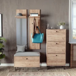 Garderobenset Siri Goldkraft Eiche Set mit Wandgarderoben, Sitzbank und Schuhschrank Vicco