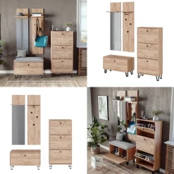 Garderobenset Siri Goldkraft Eiche Set mit Wandgarderoben, Sitzbank und Schuhschrank Vicco