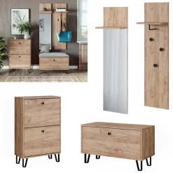 Garderobenset Siri Goldkraft Eiche Set mit Wandgarderoben, Sitzbank und Schuhschrank Vicco