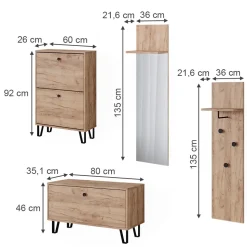 Garderobenset Siri Goldkraft Eiche Set mit Wandgarderoben, Sitzbank und Schuhschrank Vicco