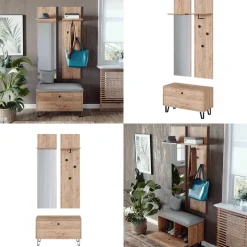 Garderobenset Siri Goldkraft Eiche Set mit Wandgarderoben und Sitzbank Vicco