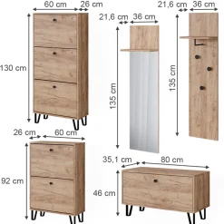 Garderobenset Siri Goldkraft Eiche Set mit Garderoben, Sitzbank und Schuhschränken Vicco