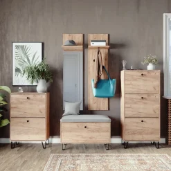 Garderobenset Siri Goldkraft Eiche Set mit Garderoben, Sitzbank und Schuhschränken Vicco
