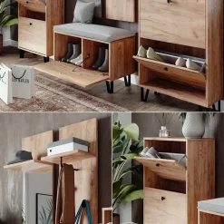 Garderobenset Siri Goldkraft Eiche Set mit Garderoben, Sitzbank und Schuhschränken Vicco