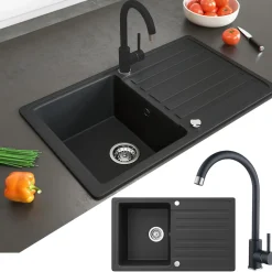 Granitspüle Schwarz 76.5 x 46 cm mit Armatur Schwarz Bergström