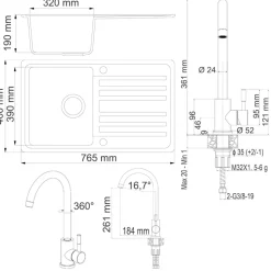 Granitspüle Schwarz 76.5 x 46 cm mit Armatur Schwarz Bergström