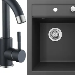 Granitspüle mit Armatur Schwarz 49 x 50 cm mit Armatur Schwarz Bergström