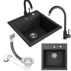 Granitspüle mit Armatur Schwarz 49 x 50 cm mit Armatur Schwarz Bergström