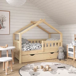 Hausbett Design Naturholz 70x140 cm mit Schublade Vitalispa
