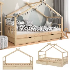 Hausbett Design Naturholz 90x200 cm mit 2 Schubladen Vitalispa