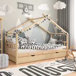 Hausbett Design Naturholz 90x200 cm mit 2 Schubladen und Matratze Vitalispa