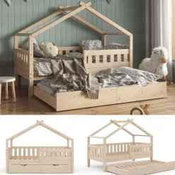 Hausbett Design Naturholz 80x160 cm mit Gästebett Vitalispa