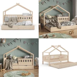 Hausbett Design Naturholz 80x160 cm mit Gästebett Vitalispa