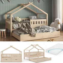Hausbett Design Naturholz 80x160 cm mit Gästebett und Matratze Vitalispa