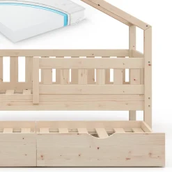 Hausbett Design Naturholz 80x160 cm mit Gästebett und Matratze Vitalispa
