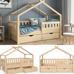 Hausbett Design Naturholz 80x160 cm mit 2 Schubladen Vitalispa