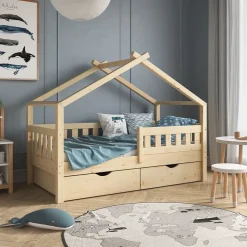 Hausbett Design Naturholz 80x160 cm mit 2 Schubladen Vitalispa