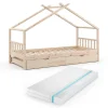 Hausbett Design Naturholz 90x200 cm mit Gästebett und Matratze Vitalispa