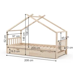Hausbett Design Naturholz 90x200 cm mit Gästebett und Matratze Vitalispa