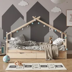 Hausbett Design Naturholz 90x200 cm mit Gästebett und Matratze Vitalispa