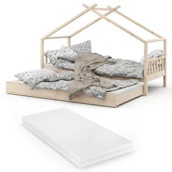 Hausbett Design Naturholz 90x200 cm mit Gästebett und Matratze Vitalispa