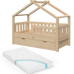 Hausbett Design Naturholz 70x140 cm mit Schublade und Matratze Vitalispa