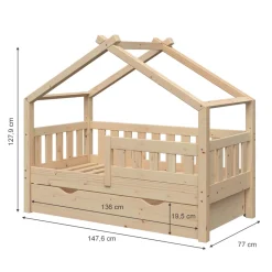 Hausbett Design Naturholz 70x140 cm mit Schublade und Matratze Vitalispa