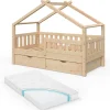 Hausbett Design Naturholz 80x160 cm mit 2 Schubladen und Matratze Vitalispa