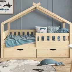 Hausbett Design Naturholz 80x160 cm mit 2 Schubladen und Matratze Vitalispa