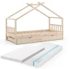 Hausbett Design Naturholz 90x200 cm mit Gästebett und 2 Matratzen Vitalispa