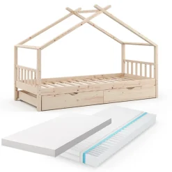 Hausbett Design Naturholz 90x200 cm mit Gästebett und 2 Matratzen Vitalispa