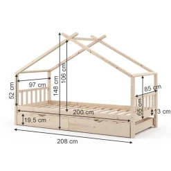 Hausbett Design Naturholz 90x200 cm mit Gästebett und 2 Matratzen Vitalispa